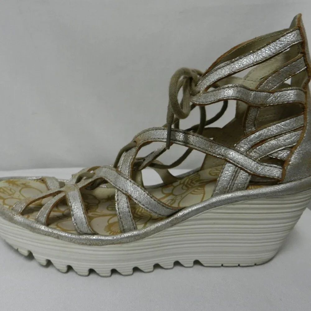 Fly London Yuke Leather Wedge Gladiator strappy sandals heels silver Size 38  8